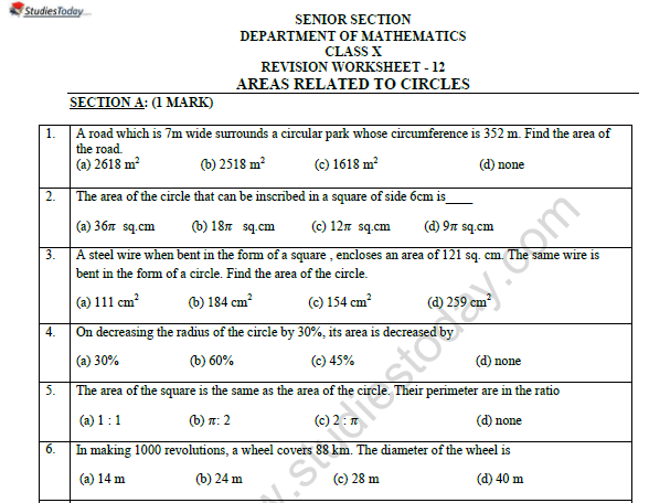 Cbse Class 10 Mathematics Area Related To Circle Worksheet Set A 6356